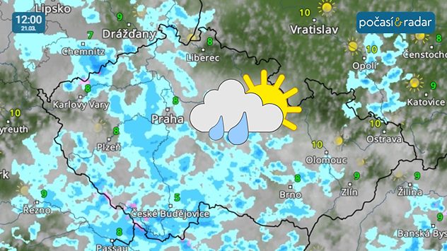 Meteoradar, screenshot, 21. 3. 12:00: Sobota do Česka přinese počasí s velkou oblačností a poměrně četnými přeháňkami.